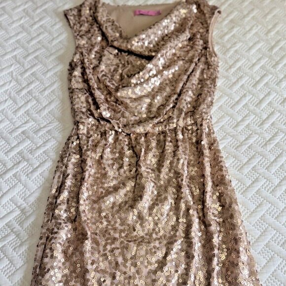 Eliza J New York SZ 4 Gold Sequin Cocktail Party Women’s Dress Cowl Draped Neck - Picture 1 of 16
